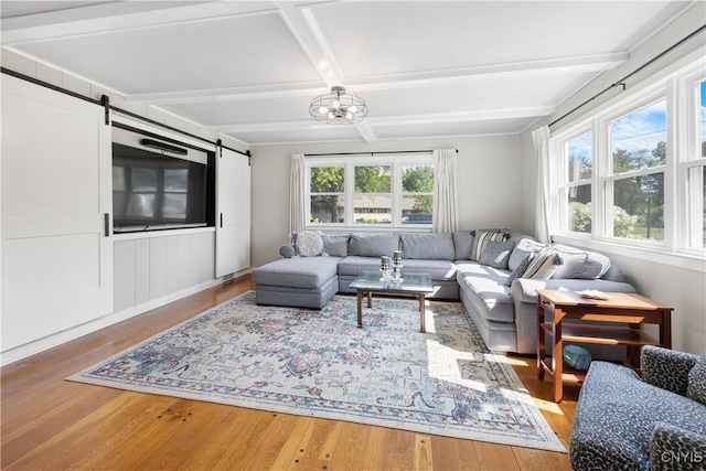 200 Audubon Rd, Manlius, NY 13066 - living area with plenty of natural light, hardwood / wood-style flooring, a barn door, coffered ceiling, and beam ceiling