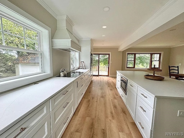 10448 Clarence Center Rd, Clarence, NY 14031 - kitchen featuring custom exhaust hood, appliances with stainless steel finishes, light wood-style floors, white cabinetry, and crown molding