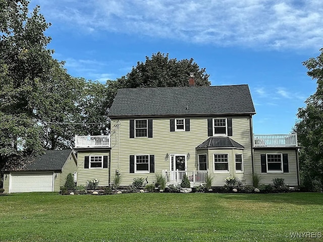 10448 Clarence Center Rd, Clarence, NY 14031 - colonial inspired home featuring a balcony, a front lawn, and a chimney