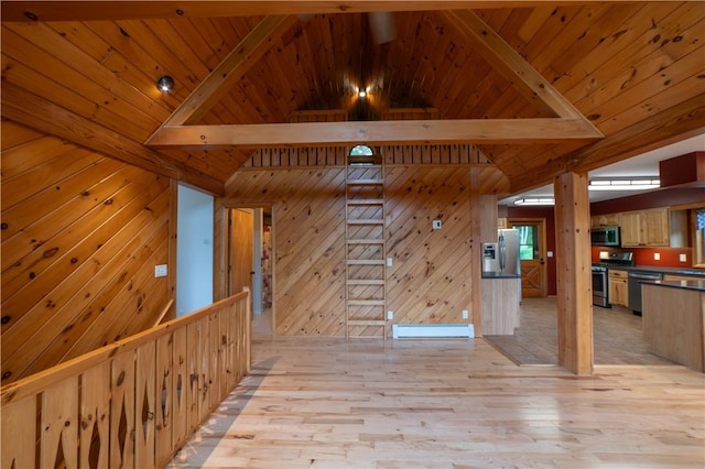 817 Flax Island Rd, Otego, NY 13825 - unfurnished living room featuring light wood-style flooring, wood walls, wood ceiling, and a baseboard heating unit