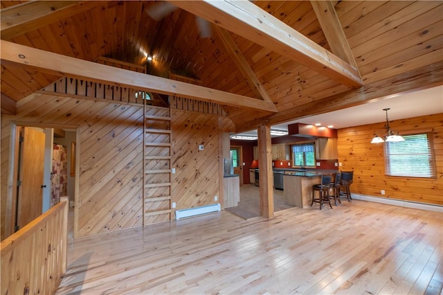 817 Flax Island Rd, Otego, NY 13825 - living room with hardwood / wood-style flooring, wooden walls, a baseboard heating unit, a wooden ceiling with exposed beams, and a chandelier