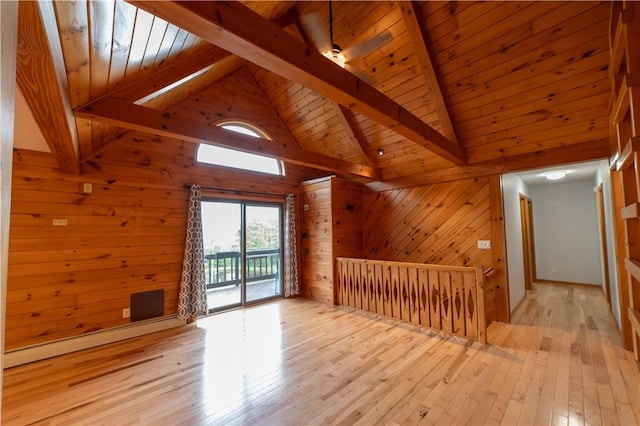 817 Flax Island Rd, Otego, NY 13825 - bonus room with wooden walls, light wood-style floors, a wood ceiling with exposed beams, high vaulted ceiling, and a baseboard radiator