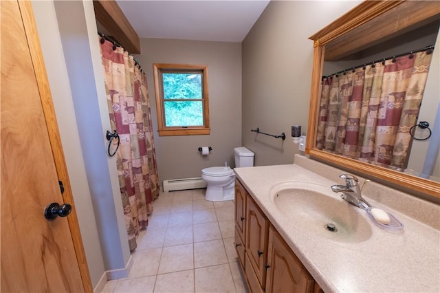 817 Flax Island Rd, Otego, NY 13825 - full bathroom featuring baseboard heating, vanity, tile patterned flooring, and a shower with shower curtain