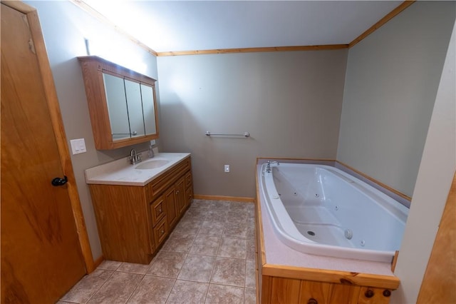 817 Flax Island Rd, Otego, NY 13825 - bathroom with vanity, a jetted tub, tile patterned flooring, and crown molding