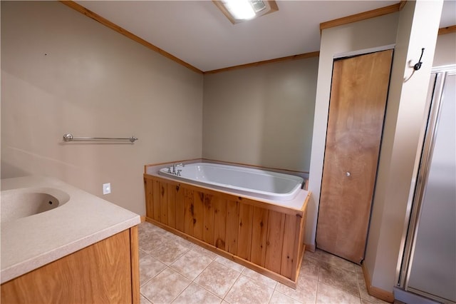817 Flax Island Rd, Otego, NY 13825 - bathroom featuring a bath, tile patterned flooring, crown molding, and vanity