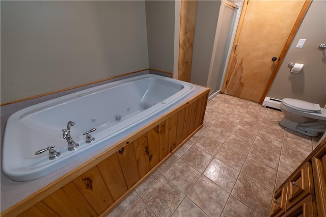 817 Flax Island Rd, Otego, NY 13825 - bathroom featuring a jetted tub, a shower stall, a baseboard radiator, and tile patterned floors
