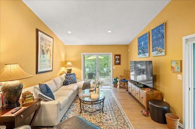 823 Skylane, Union, NY 13760 - living room with vaulted ceiling, light wood-type flooring, and recessed lighting