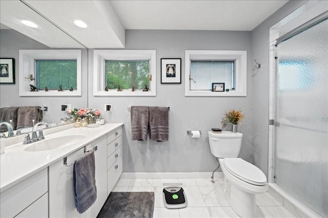 823 Skylane, Union, NY 13760 - full bathroom with vanity, a shower stall, recessed lighting, and marble finish flooring