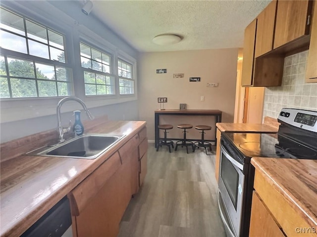 210 Wynnfield Dr, Camillus, NY 13219 - kitchen featuring stainless steel electric range, light wood-style floors, backsplash, a textured ceiling, and dishwashing machine