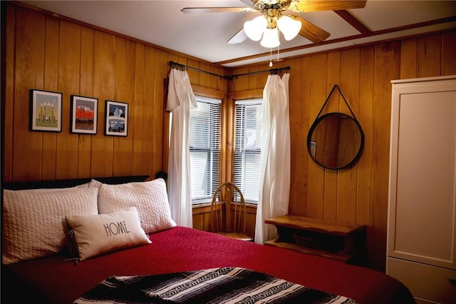 5681 Leidenfrost Adams Rd, Hector, NY 14841 - bedroom with wood walls and ceiling fan