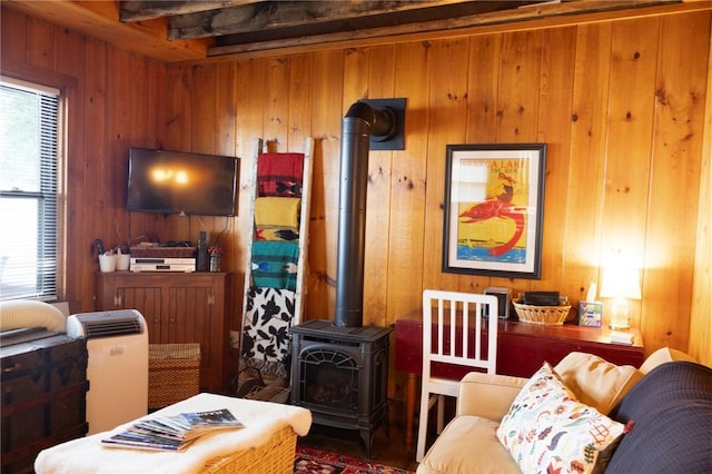 5681 Leidenfrost Adams Rd, Hector, NY 14841 - living room with a wood stove and wooden walls