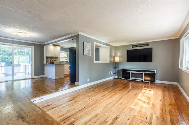 209 Thompson Rd, Henrietta, NY 14623 - unfurnished living room with ornamental molding, a textured ceiling, light wood-style flooring, and plenty of natural light
