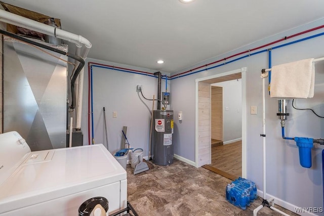 9184 Newcomb Rd, Evans, NY 14006 - laundry area featuring electric water heater, independent washer and dryer, and recessed lighting