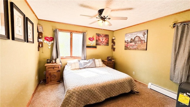 1155 County Route 53, Scriba, NY 13126 - bedroom featuring a baseboard heating unit, carpet, crown molding, a ceiling fan, and a textured ceiling