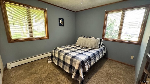 1155 County Route 53, Scriba, NY 13126 - bedroom featuring a baseboard radiator, crown molding, carpet, and multiple windows