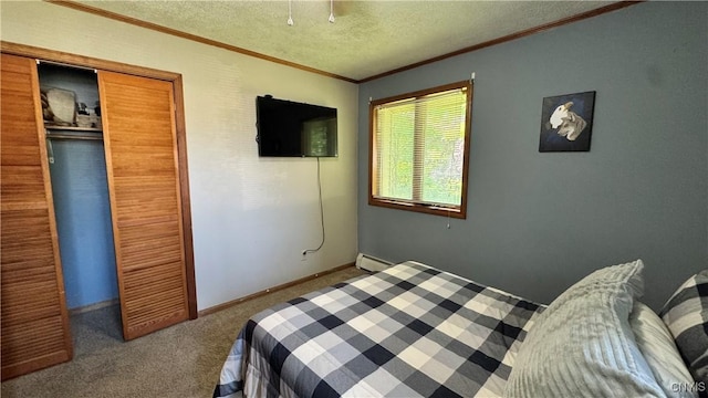 1155 County Route 53, Scriba, NY 13126 - bedroom with crown molding, carpet flooring, a textured ceiling, a closet, and a baseboard heating unit