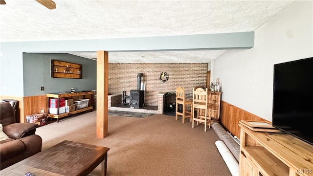 1155 County Route 53, Scriba, NY 13126 - living area with a textured ceiling, a wood stove, carpet, wainscoting, and wood walls