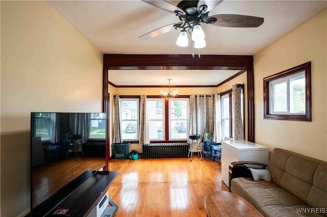 14 Phyllis Ave, Buffalo, NY 14215 - living room with radiator, a chandelier, light wood-style flooring, and ceiling fan