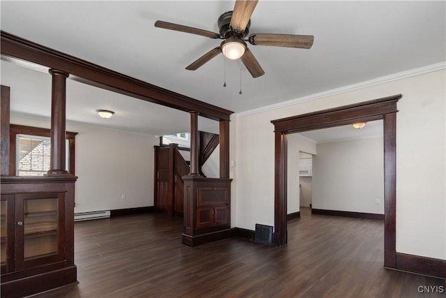 315 Otsego St, German Flatts, NY 13357 - unfurnished room featuring dark wood-type flooring, ornamental molding, baseboard heating, and ceiling fan