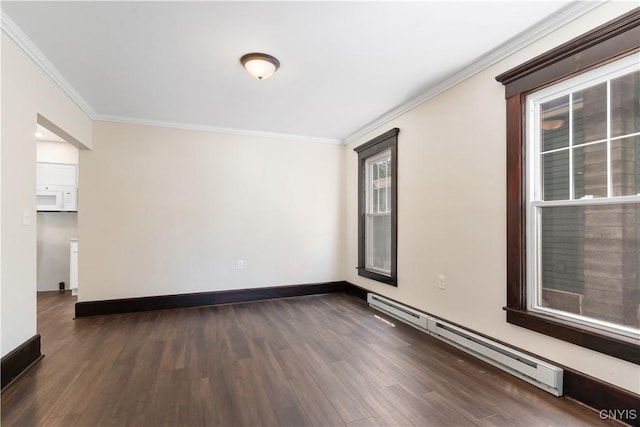 315 Otsego St, German Flatts, NY 13357 - unfurnished room with a baseboard heating unit, dark wood finished floors, and ornamental molding