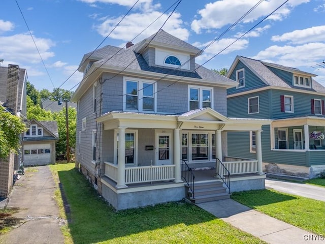 315 Otsego St, German Flatts, NY 13357 - american foursquare style home with a porch, a front yard, a shingled roof, and an outdoor structure