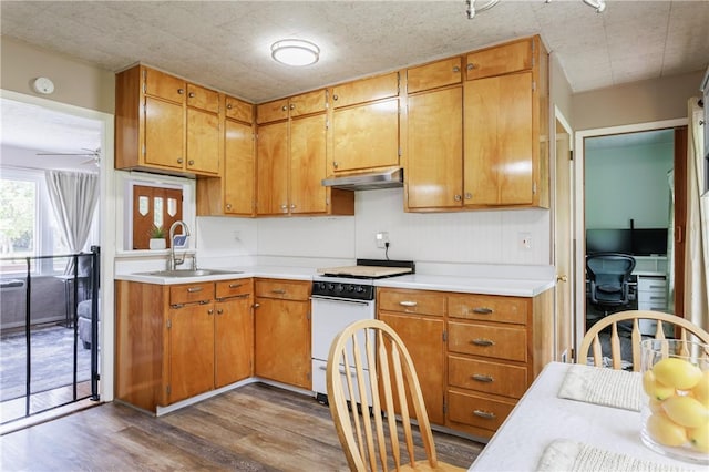 183 Castle Rd, Henrietta, NY 14623 - kitchen with electric stove, under cabinet range hood, wood finished floors, light countertops, and brown cabinetry