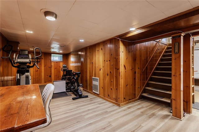 183 Castle Rd, Henrietta, NY 14623 - exercise room featuring heating unit, wood finished floors, wooden walls, and recessed lighting