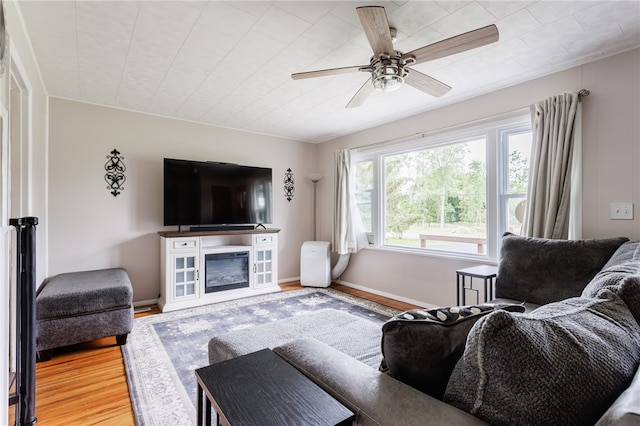 183 Castle Rd, Henrietta, NY 14623 - living room with light wood-type flooring, a ceiling fan, and a glass covered fireplace