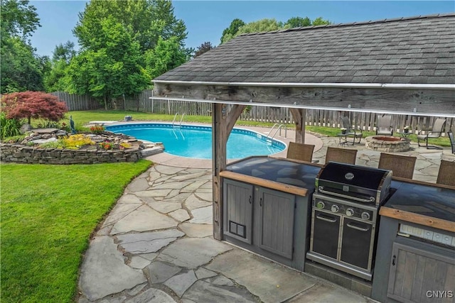 4043 Libra Ln, Clay, NY 13090 - view of pool featuring a fenced backyard, a patio, area for grilling, a gazebo, and an outdoor fire pit