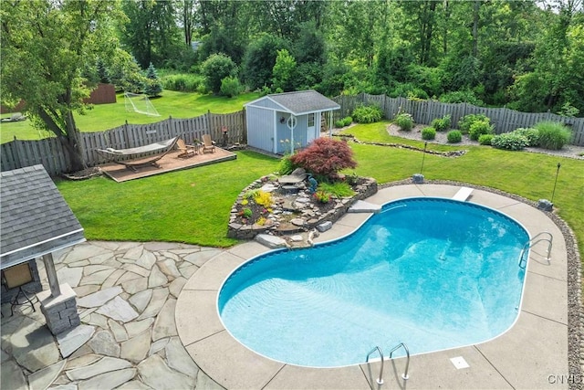 4043 Libra Ln, Clay, NY 13090 - view of pool with a fenced backyard, a storage unit, a patio area, and a diving board