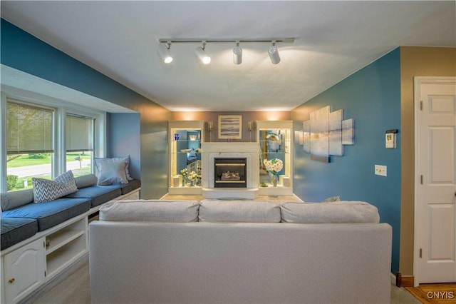 4043 Libra Ln, Clay, NY 13090 - living area with a glass covered fireplace and rail lighting