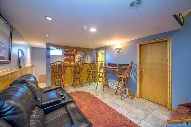 4043 Libra Ln, Clay, NY 13090 - living room featuring a bar, recessed lighting, tile patterned flooring, and a baseboard heating unit