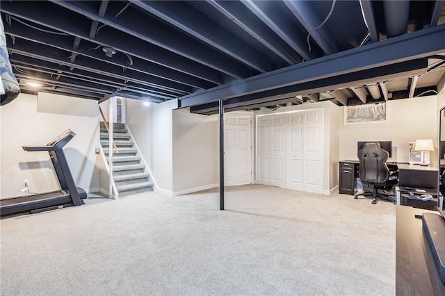 131 Cindy Ln, Greece, NY 14626 - finished basement featuring carpet, a desk, and stairs