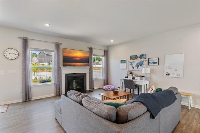 254 Longleaf Ln, Walworth, NY 14502 - living area with wood finished floors, a fireplace with flush hearth, and recessed lighting