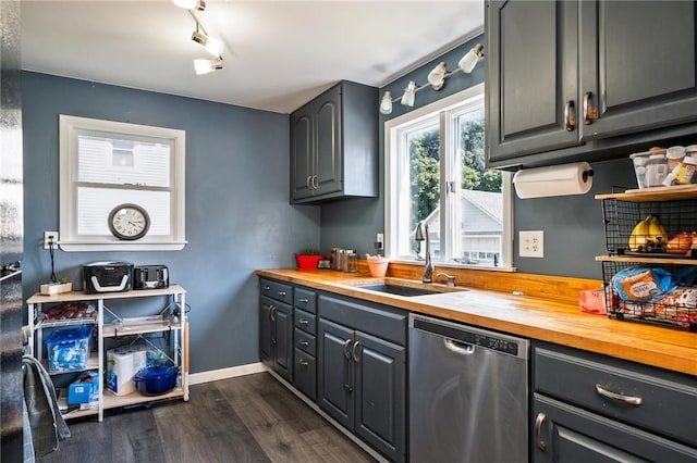 67 Pleasant St, Phelps, NY 14532 - kitchen featuring dishwasher, butcher block counters, dark wood-style floors, and gray cabinets