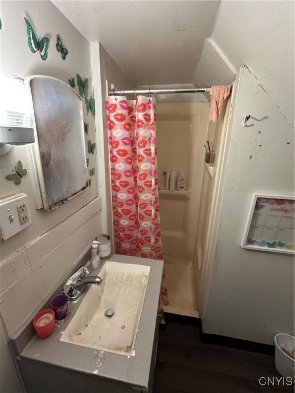 1417 Butternut St, Syracuse, NY 13208 - full bathroom with a stall shower, vanity, and wood finished floors