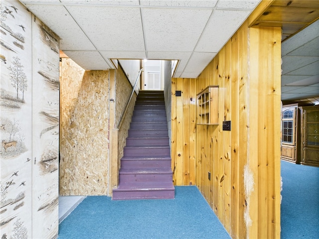 1041 Rte 44, Shinglehouse, PA 16748 - stairway with a paneled ceiling, carpet, and wooden walls
