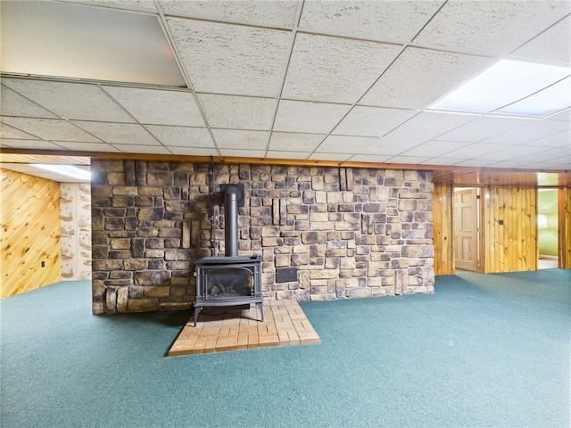 1041 Rte 44, Shinglehouse, PA 16748 - finished below grade area with a wood stove, carpet floors, a drop ceiling, and wood walls