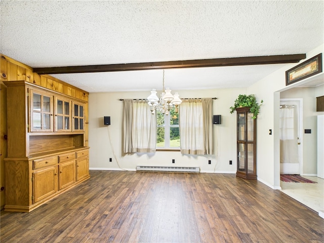1041 Rte 44, Shinglehouse, PA 16748 - unfurnished dining area featuring baseboard heating, beamed ceiling, a chandelier, a textured ceiling, and dark wood finished floors