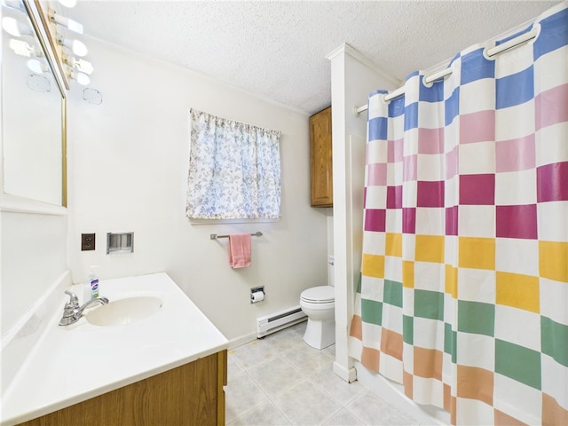 1041 Rte 44, Shinglehouse, PA 16748 - bathroom featuring baseboard heating, vanity, a textured ceiling, tile patterned floors, and a shower with shower curtain