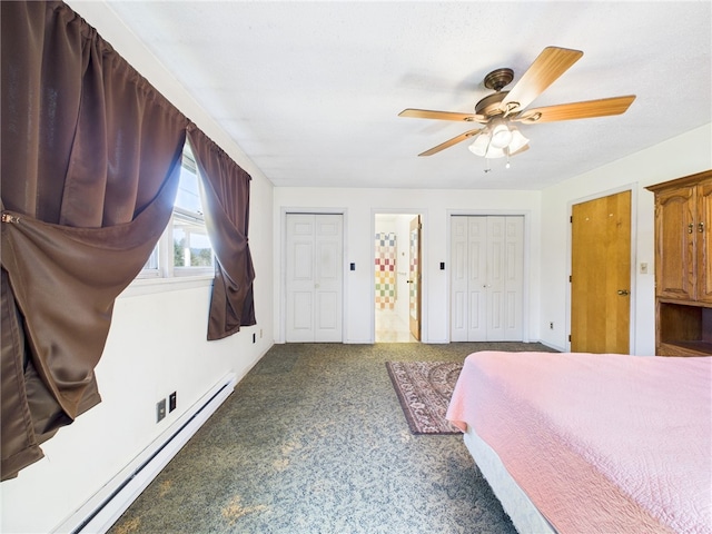 1041 Rte 44, Shinglehouse, PA 16748 - carpeted bedroom with a baseboard radiator, two closets, and a ceiling fan