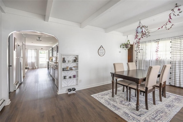 397 Merrill Pl, Southport, NY 14904 - dining area featuring arched walkways, dark wood-type flooring, beamed ceiling, and a baseboard radiator