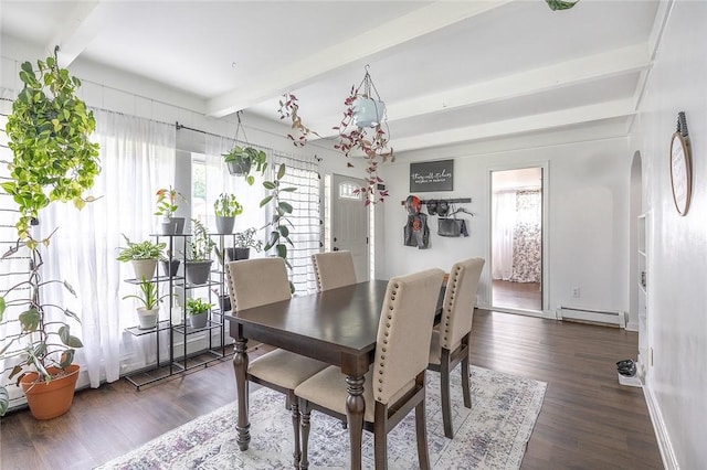 397 Merrill Pl, Southport, NY 14904 - dining space with baseboard heating, beamed ceiling, and wood finished floors