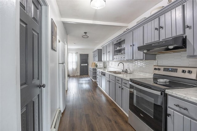 397 Merrill Pl, Southport, NY 14904 - kitchen featuring stainless steel electric range oven, under cabinet range hood, baseboard heating, and gray cabinets