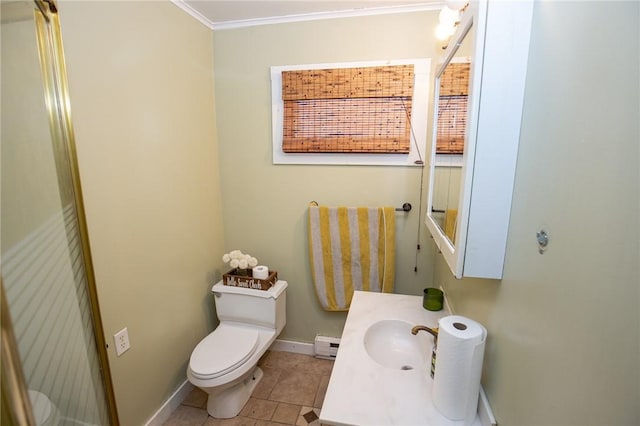 130 Stark Ave, Milo, NY 14527 - bathroom with baseboard heating, crown molding, tile patterned flooring, and vanity