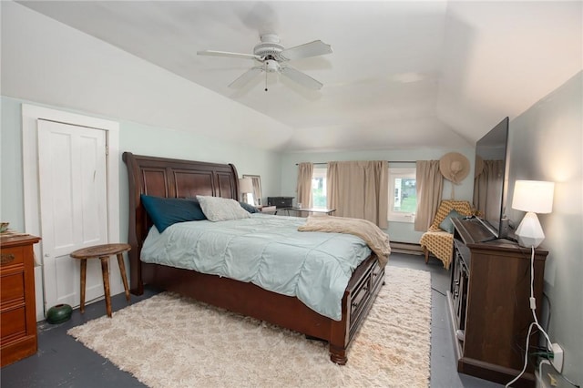 130 Stark Ave, Milo, NY 14527 - bedroom featuring vaulted ceiling, a ceiling fan, and baseboard heating