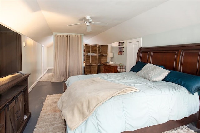 130 Stark Ave, Milo, NY 14527 - bedroom with vaulted ceiling, a ceiling fan, and finished concrete flooring