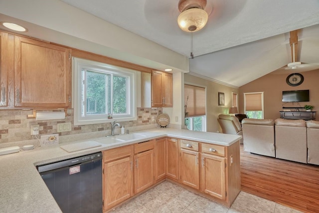 160 Cranbrook Ter, Webster, NY 14580 - kitchen with black dishwasher, open floor plan, healthy amount of natural light, light countertops, and lofted ceiling