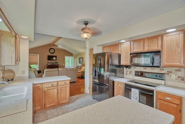160 Cranbrook Ter, Webster, NY 14580 - kitchen featuring range with electric cooktop, black microwave, fridge with ice dispenser, a ceiling fan, and open floor plan