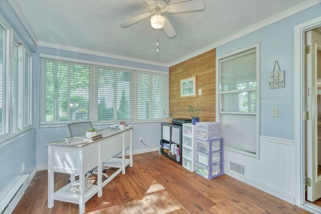 160 Cranbrook Ter, Webster, NY 14580 - office featuring a baseboard heating unit, healthy amount of natural light, wood finished floors, crown molding, and wooden walls
